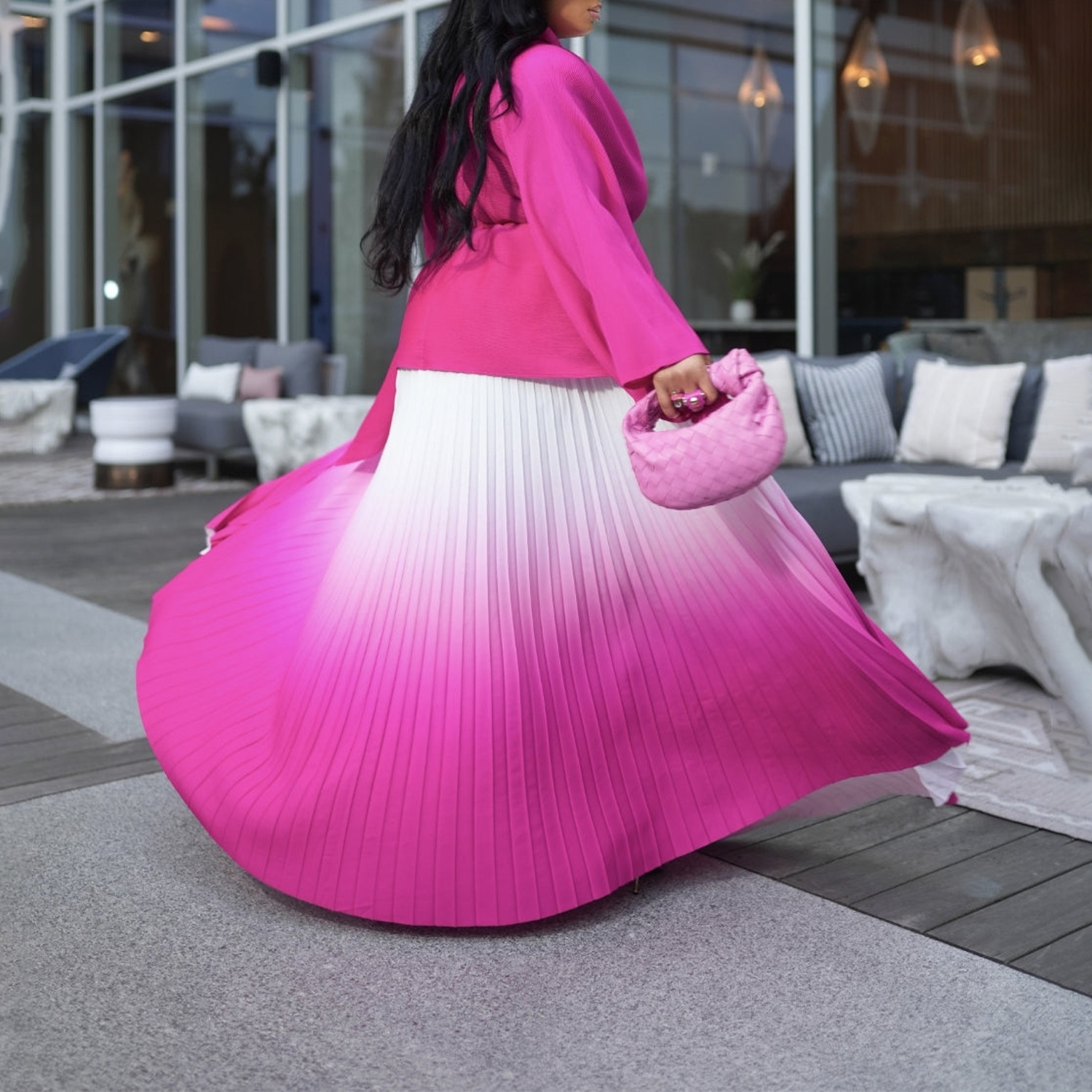 Damenbekleidung plissierter unregelmäßiger Schnürer oben mit Farbverlaufsrock zweiteiliger Anzug_voghion.com