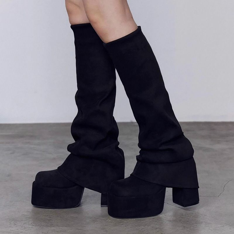 Japanese-Style Thick-Soled Chunky High-Heeled Boots Autumn and Winter New Square-Toe High Tube Slimming Elastic Boots for Women