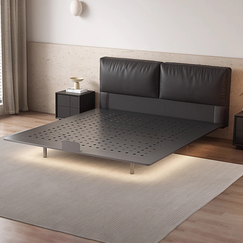Cama suspendida con bloque de tofu negro, marco de cama de acero al carbono, dormitorio principal minimalista italiano, cama de boda doble, cama de cuero