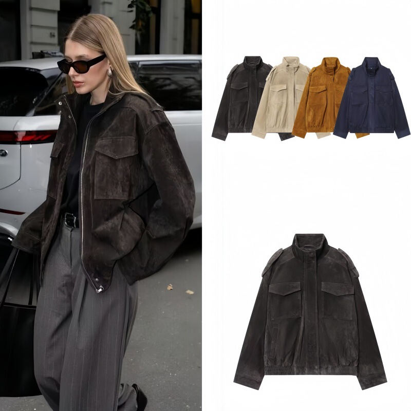 PB&ZA Cross-Border European and American Women's Clothing Stand Collar Vintage Suede Textured Leather Aviator Jacket 4341770 PB&ZA Cross-Border European and American Women's Clothing Stand Collar Vintage Suede Textured Leather Aviator Jacket 4341770
