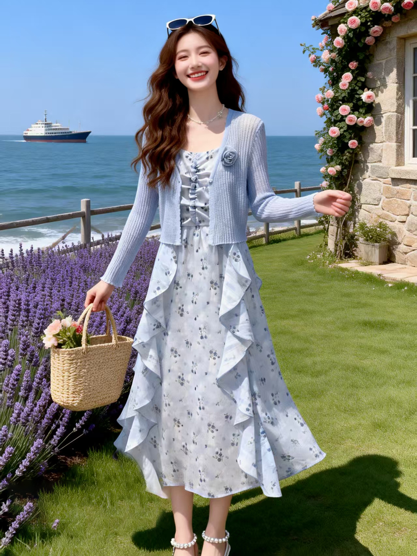 Bộ đầm hai mảnh gồm áo khoác cardigan và đầm maxi hoa nhí thắt eo BL2608 — xanh lam, màu be