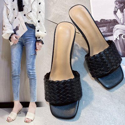 外贸凉拖女2021夏新款韩版中跟外穿凉拖鞋网红编织高跟一字女拖鞋