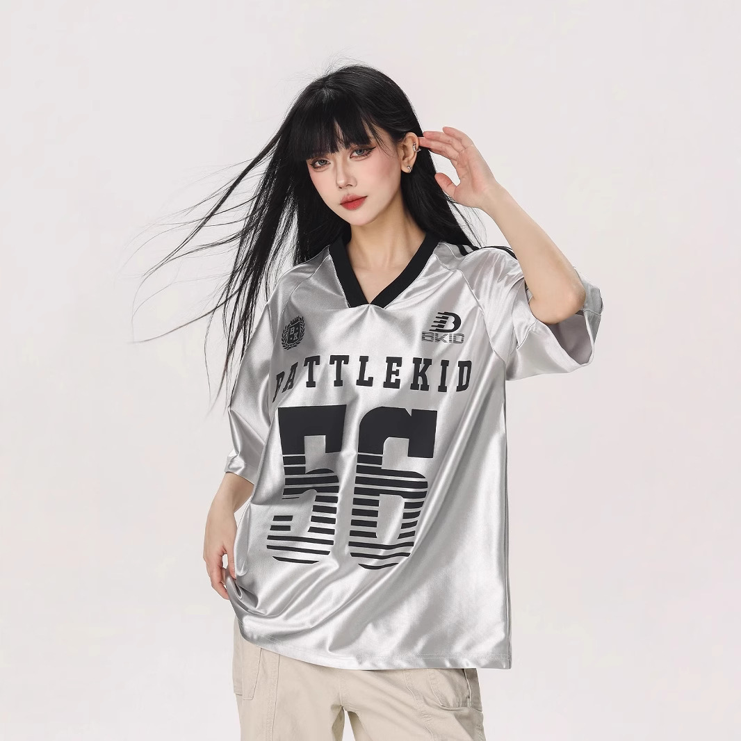 American-style hiphop contrast V-shaped female print collar short sleeve T-shirt men's and women's loose all-match sports style jersey half sleeve trendy