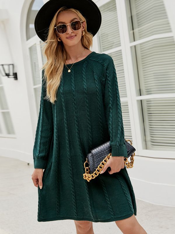 Comercio exterior transfronterizo popular Otoño e Invierno moda color sólido de suéter vestido largo cuello redondo torcido Vestido de punto de una línea