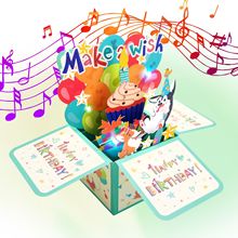 高档吹蜡烛带音乐七彩闪灯生日立体盒贺卡make a wish畅销款