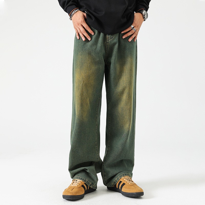 Men's Plus Size Trendy Brand 2026 Summer New Retro Gradient Color Drawstring Wide Leg Jeans