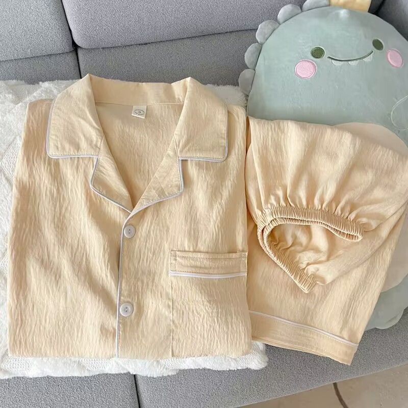 Spring and Summer Men's Cloud Cotton Pajamas Three-Piece Set Simple Solid Color Cardigan Short-Sleeved Shorts Long Pants Home Clothes