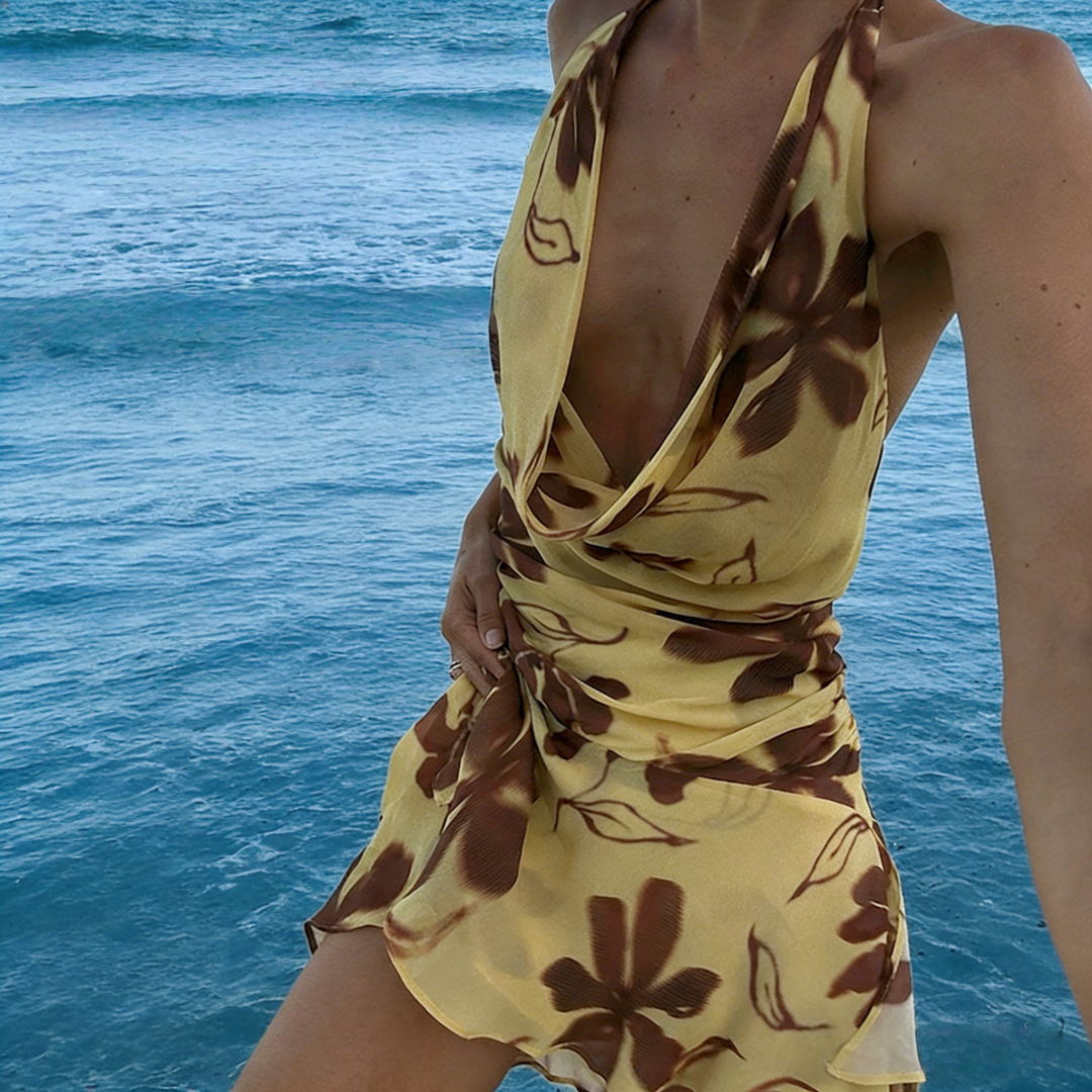 Women's Yellow Ombre Floral Print Cowl Neck Halter Sleeveless Maxi Dress – Boho Summer Resort Gown_ecoleips.com