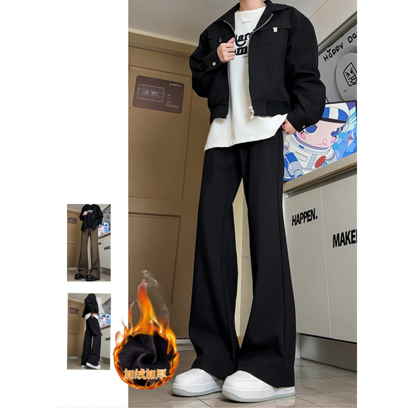 Men's Black Slim-Fit Straight-Leg Trousers with a Slight Flare, Autumn and Winter Fleece-Lined, Casual Versatile Slim Long Pants with Drape