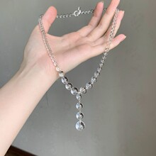 新中式水滴流透明大圆珠流苏项链女轻奢时尚小众OT扣白串珠毛衣链