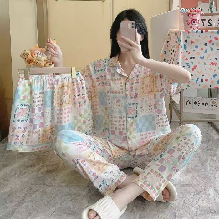 Venta al por mayor transfronteriza 120g pijamas de algodón de nube de verano de manga corta para mujer pantalones cortos de algodón de nube de verano de tres piezas servicio a domicilio de dibujos animados