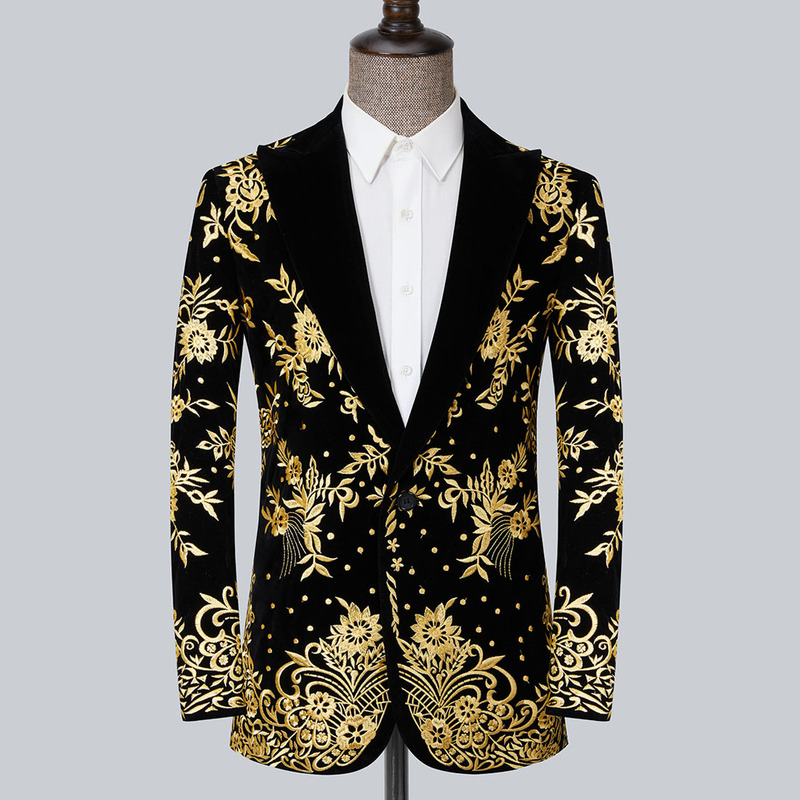 Black with gold embroidered long-sleeve jazz dance blazers singer choir host performance jackets groomsman photos shooting band music production coats for man