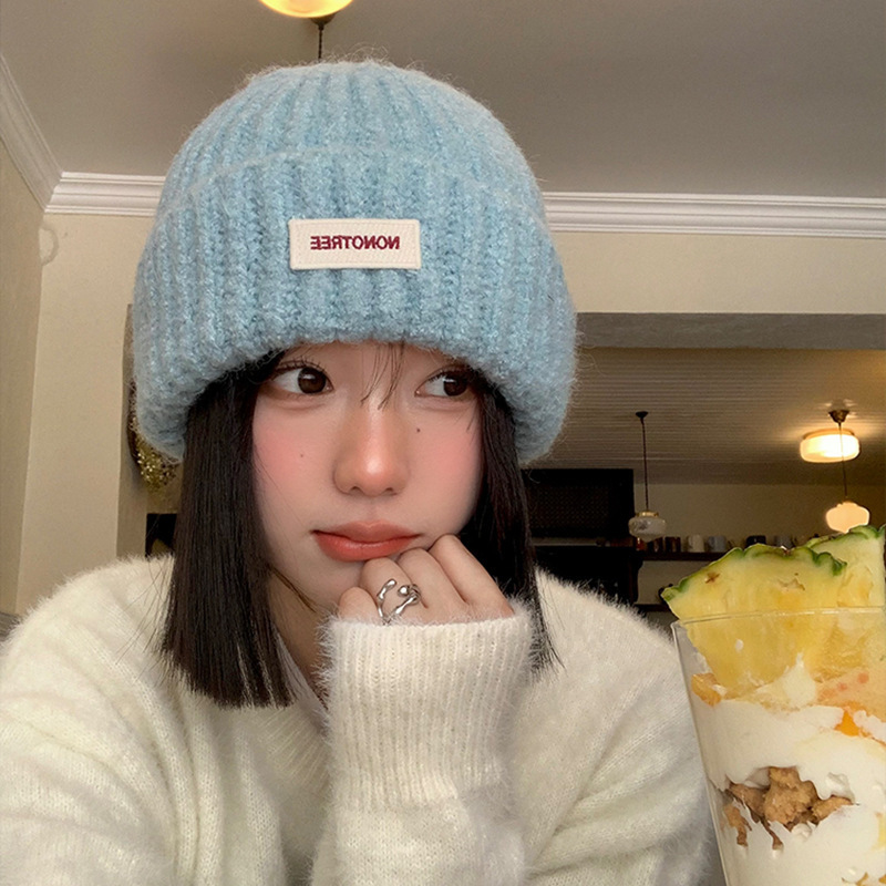 蓝色针织毛线帽女2025秋冬季大头围百搭帽子显脸小保暖护耳包头帽|undefined