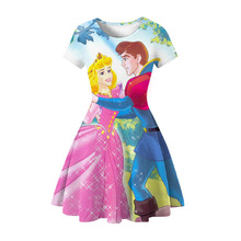 亞馬遜外貿夏季新款童裝裙子3D數碼印花動漫睡美人圖案連衣裙