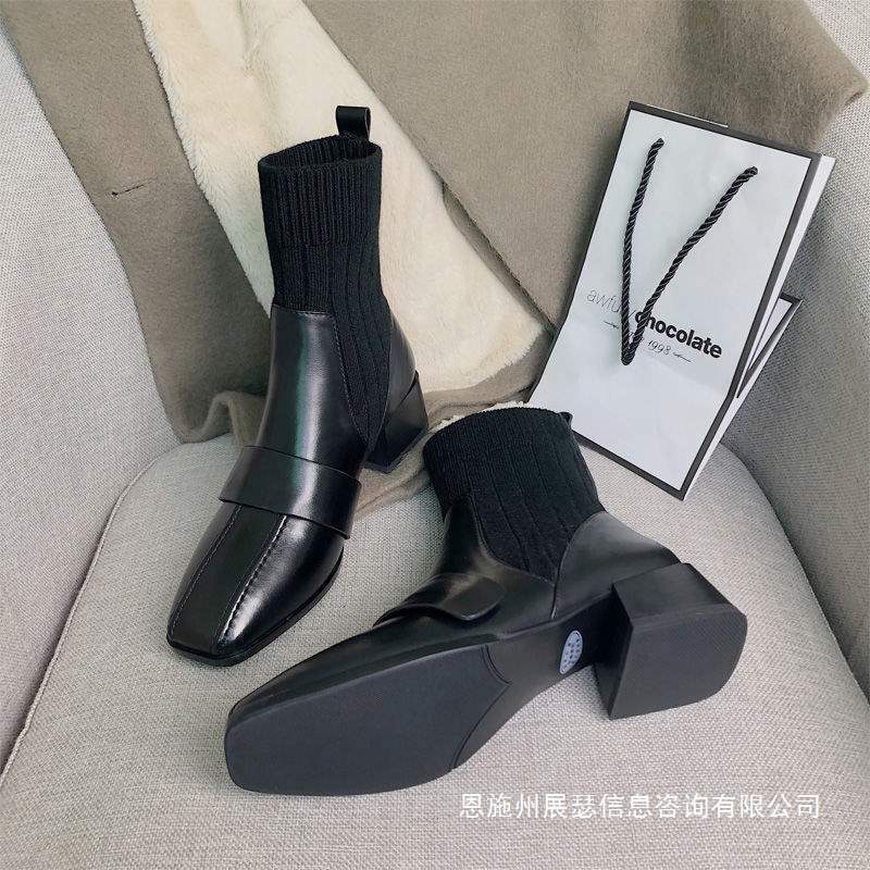 Slim Chelsea Short Boots, Sock Boots, Versatile Square-Toe Martin Boots for Women, British Style 2025 Spring and Autumn New Single Boots