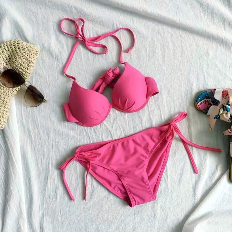 European and American Style Sexy Swimsuit Women's Beach Vacation Ins Bikini Pink Size Chest Gathering Three-point Hot Spring