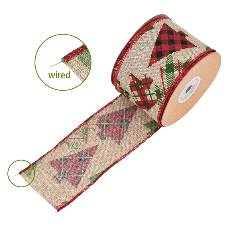 63mm Amazon transfronterizo nuevo borde de impresión de cinta de lino de Navidad decoración de árbol de Navidad cinta de tela imitación de lino 5y10y