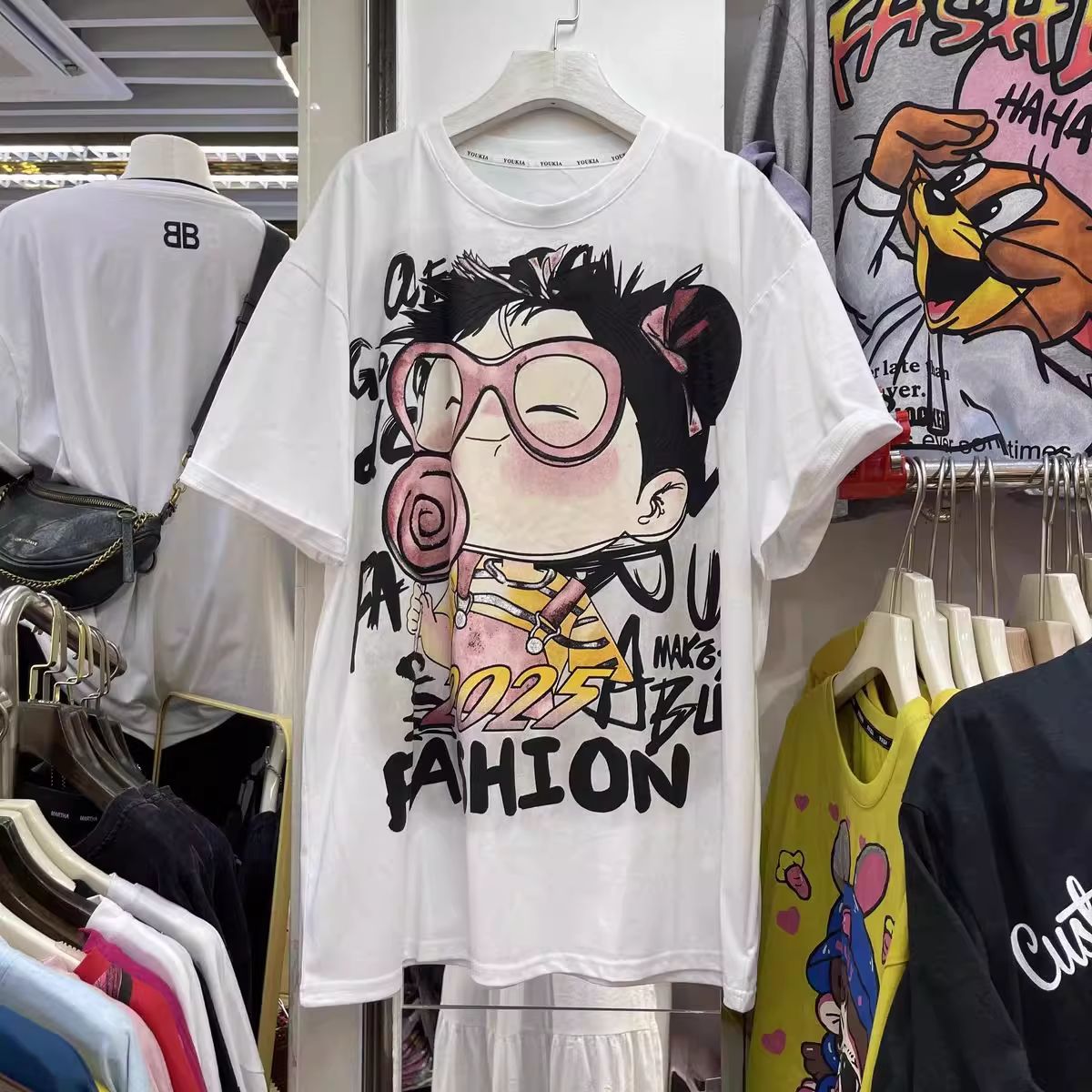 Camiseta de manga corta con cuello redondo y estampado de dibujos animados de algodón europeo, pareja de hombres y mujeres de viaje suelto, top de barriga de estilo caliente de verano