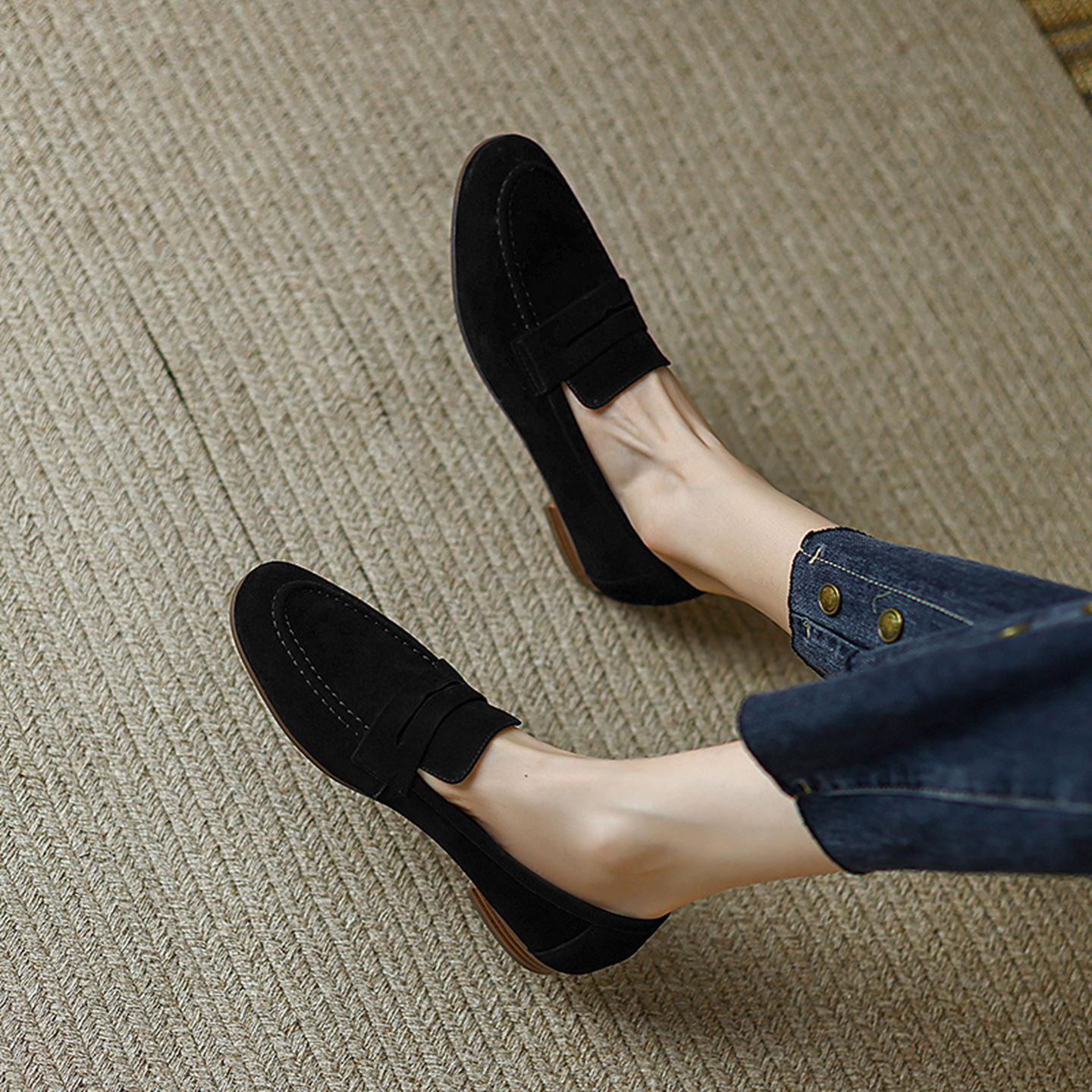 Giày Loafer Nữ Mũi Vuông Gót Bệt Phong Cách Anh Quốc — nâu