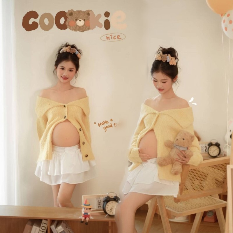 Photo Studio New Autumn and Winter Maternity Photos French High-End Sweater Yellow Cute Pregnant Mommy Photo Indoor Clothing