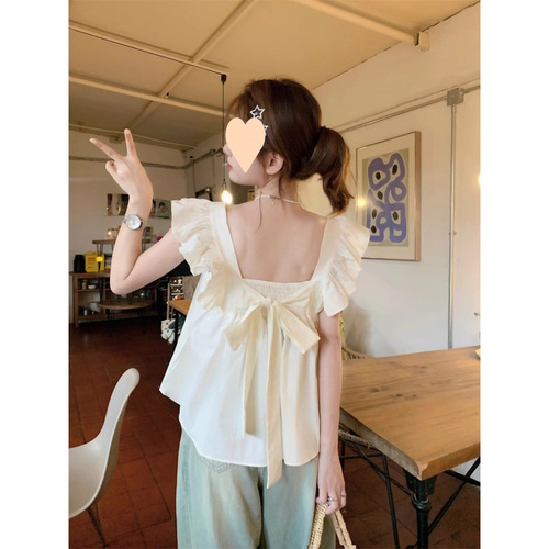 Sweet Lace-Back Two-Piece Butterfly Bow Straps Flying Sleeve Women's Summer Minority Cover Stomach Slimming Top