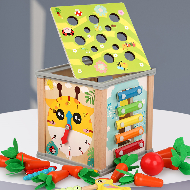 Caja de tesoro multifuncional nueve en uno de madera para niños de CPC CE transfronterizo que toca el piano y tira de bloques de construcción a juego de frutas de rábano