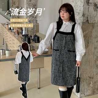 伊诺大码女装撞色小香风背心裙冬季新款无袖直筒甜美连衣裙110091