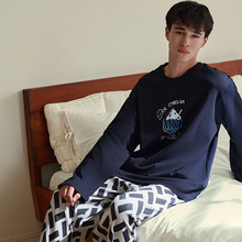 定制秋冬纯棉睡衣男士长袖印花套装休闲简约可外穿舒适家居服