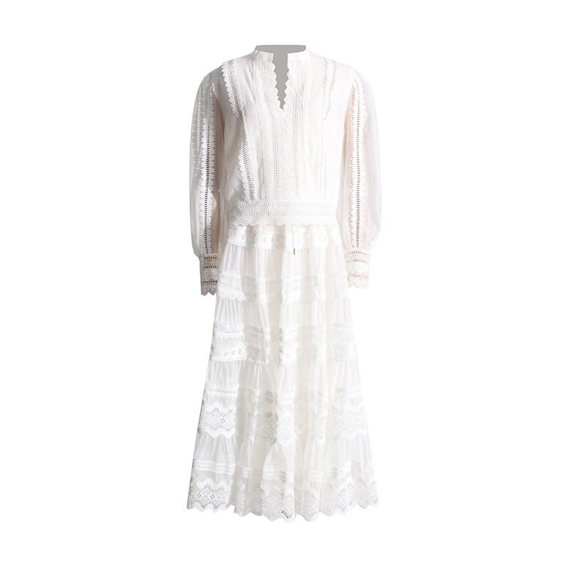 Abbigliamento da donna, moda autunnale, completo due pezzi, top a maniche lunghe in pizzo ricamato e gonna a vita alta_voghion.com