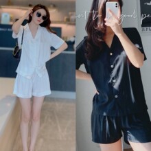 O家INS风简约时尚女士家居服 丝滑缎面条纹短袖短裤套装女可外穿