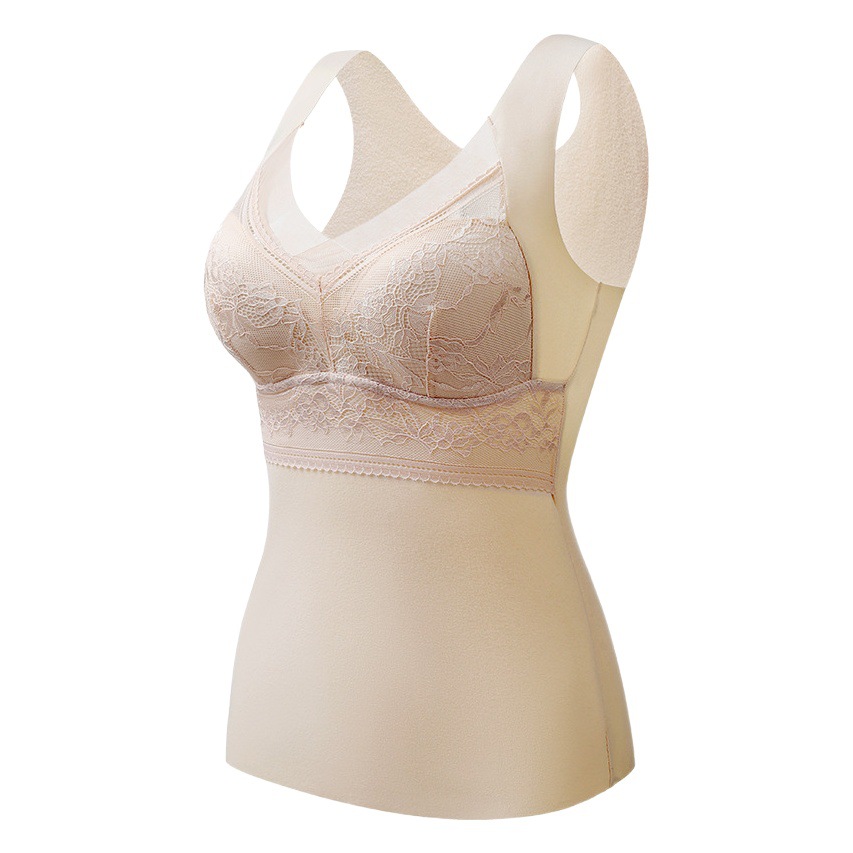 Nuevo chaleco térmico de terciopelo de encaje cepillado de doble cara base de copa de una pieza fija para mujer ropa interior térmica sin costuras engrosada