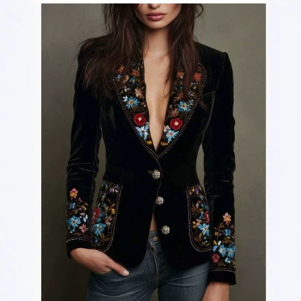 European and American Retro Floral Print Blazer for Women, Slim Fit Long-Sleeve Blazer, Fashionable and Elegant for Work