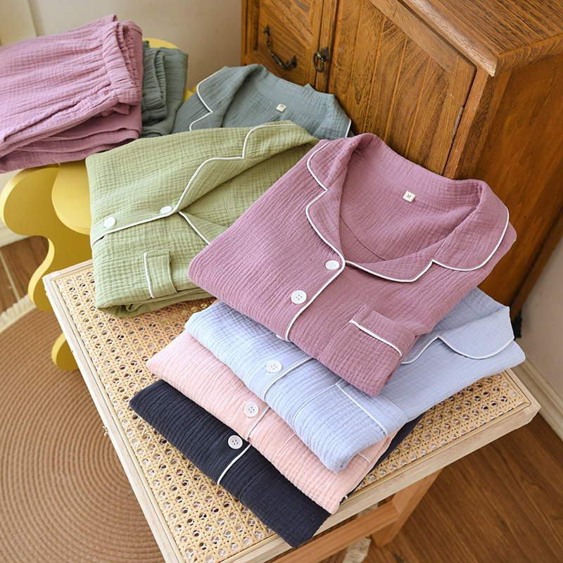 日系春秋季薄款女士纯棉纱布睡衣套装全棉家居服薄款两件套长袖