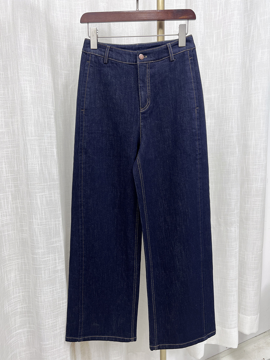 Quần jean ống rộng nữ eo cao denim đường chỉ tương phản — màu denim