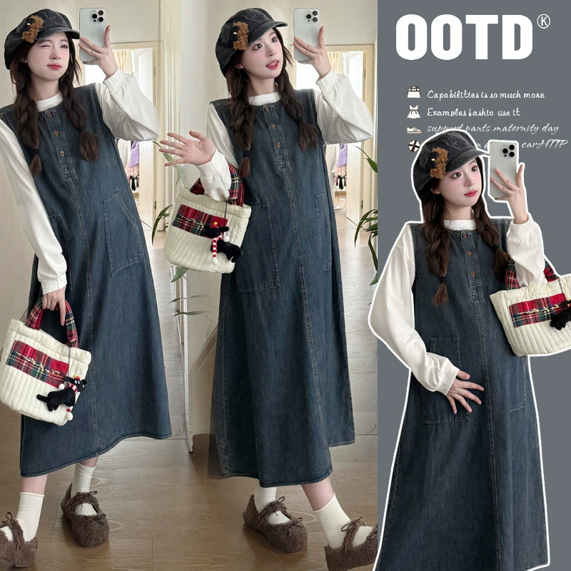 2024 костюм для беременных осенний костюм джинсовая юбка с длинными рукавами свитер из двух частей тонкий и простой корейский стиль