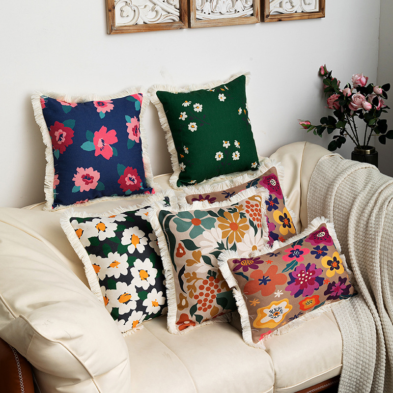 European and American style around tassel edge decorative plant flower cotton linen printed pillowcase home decoration sofa cushion cover_voghion.com