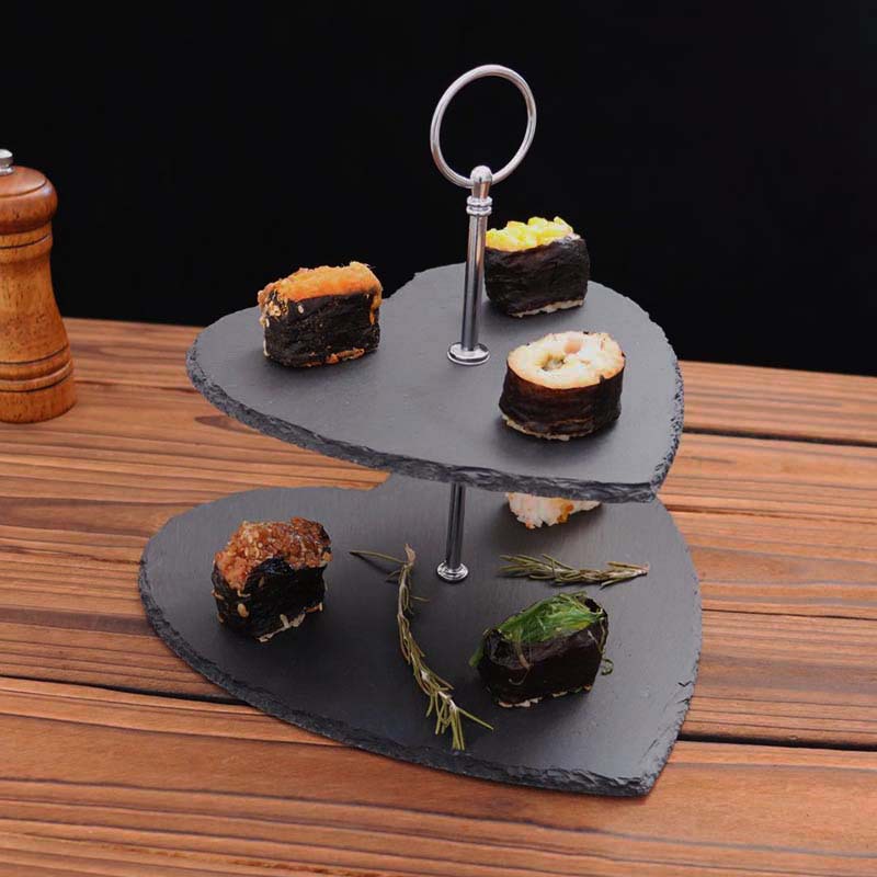 Estilo japonés y coreano Luz de lujo doble capa negro pizarra pastel soporte tarde té pastel placa occidental postre Placa de fruta Placa de oscilación