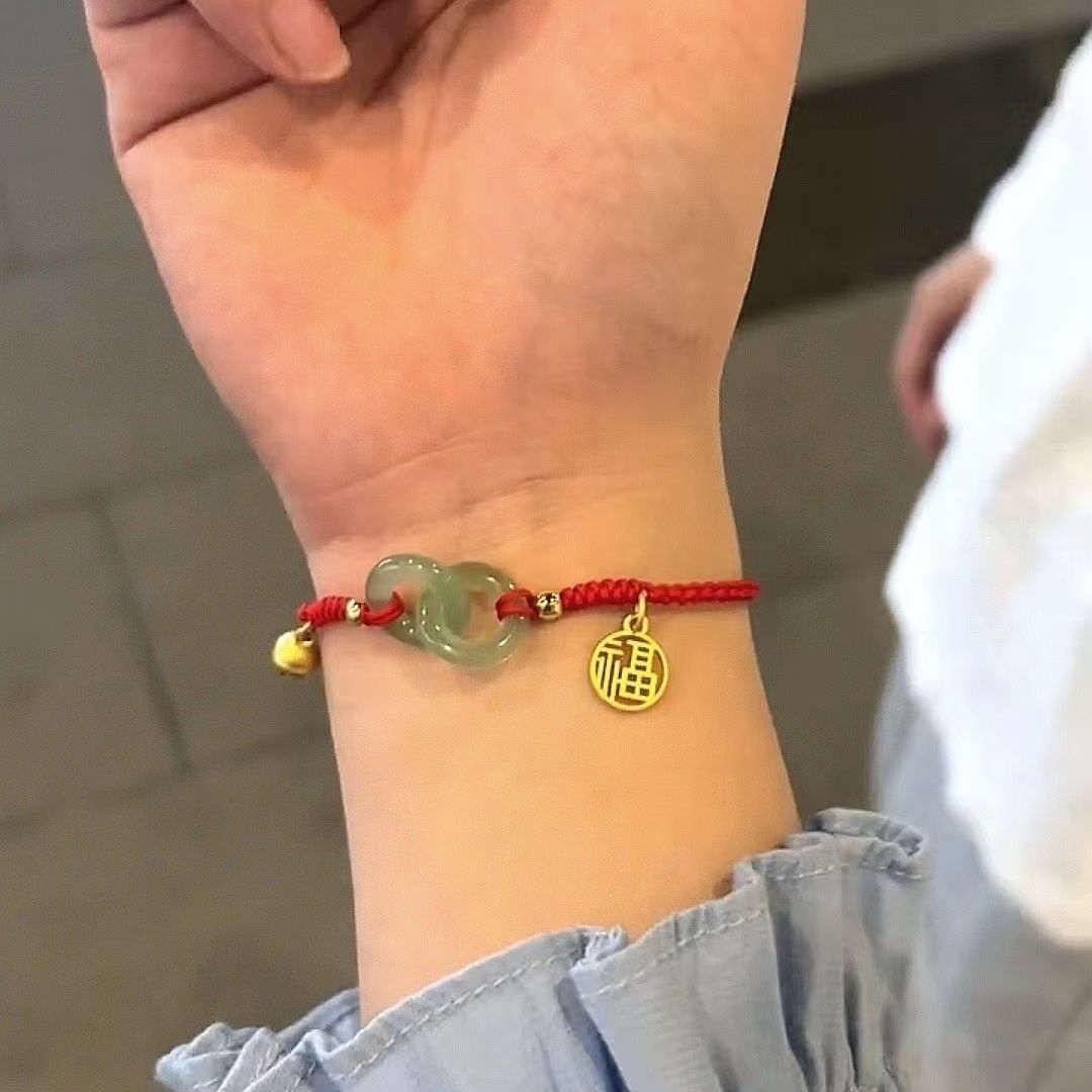 Nuevo botón de seguridad pareja cuerda de mano mujer tejiendo campana pequeña personaje de bendición pulsera pareja regalo de novia novia