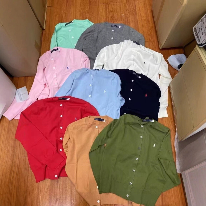 Cross-Border Laff Rl Solid Color Round Neck Basic Pony Embroidered Logo Knitted Cardigan Long Sleeve Round Neck