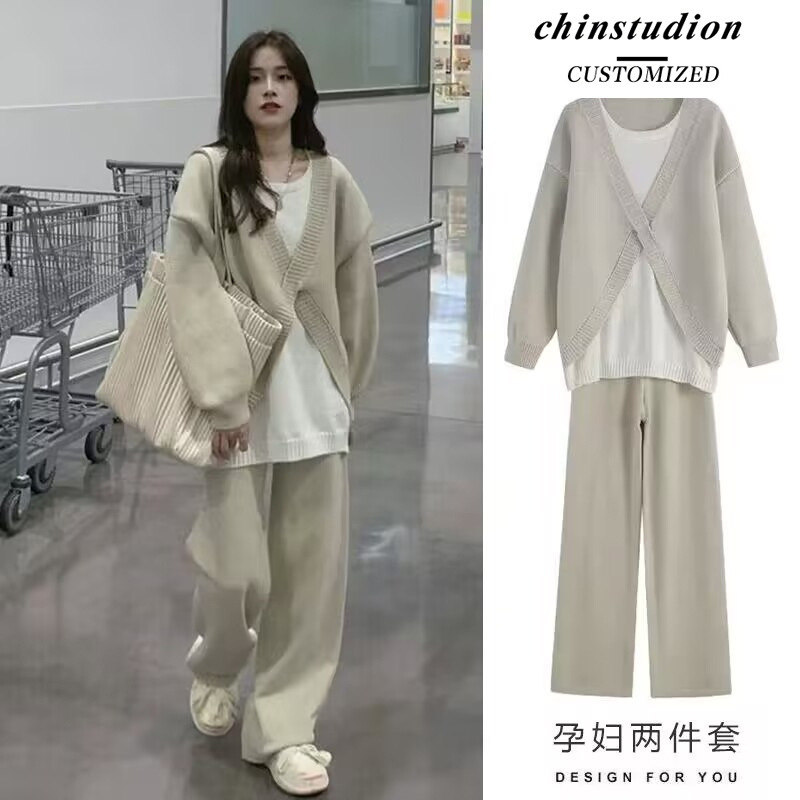 New Product~ Internet Celebrity Maternity Autumn and Winter Style Lazy and Soft Knit Fake Two-Piece Top + Wide-Leg Pants Set for Pregnancy
