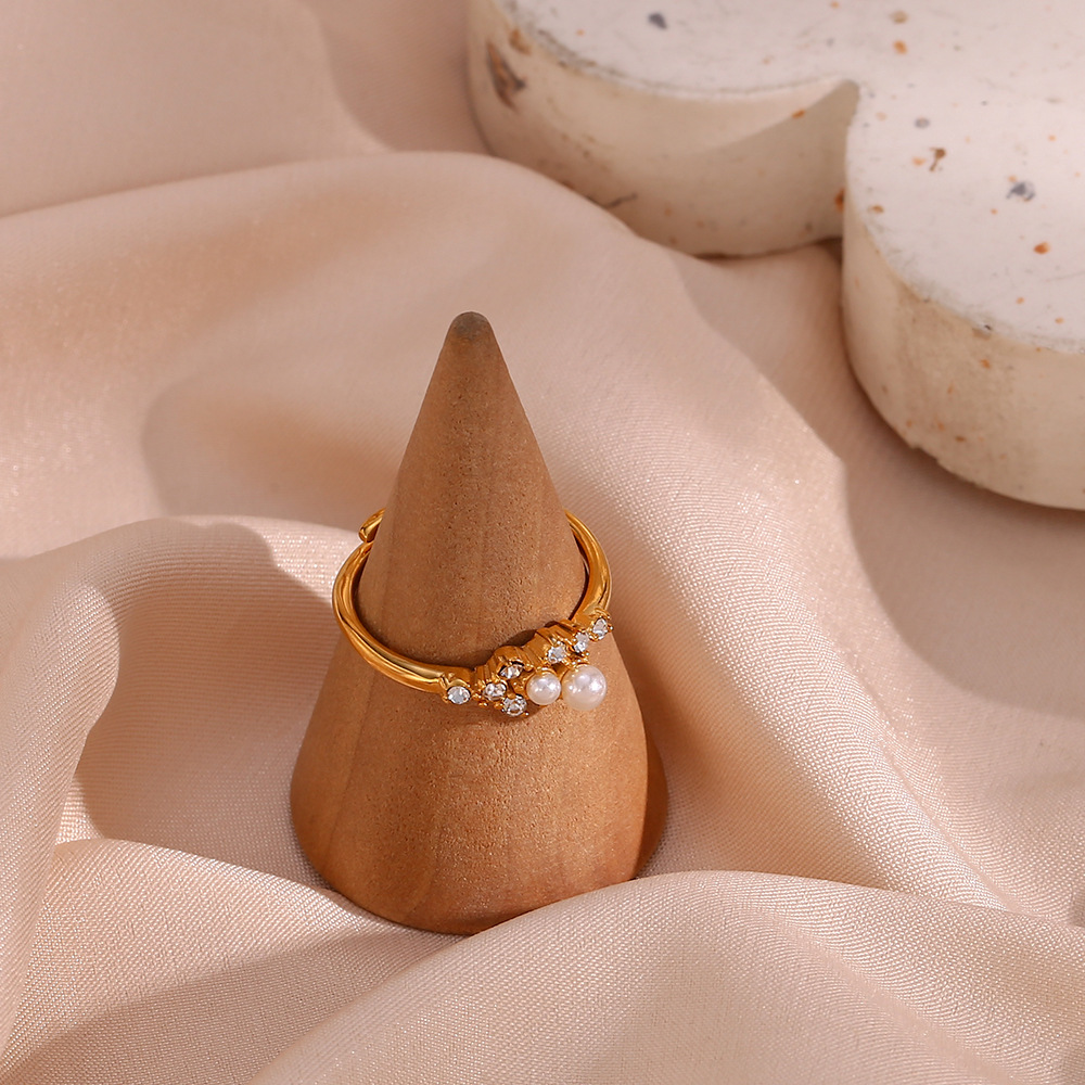 Fashion Geometric Stainless Steel Inlay Artificial Pearls Zircon Open Ring 1 Piece