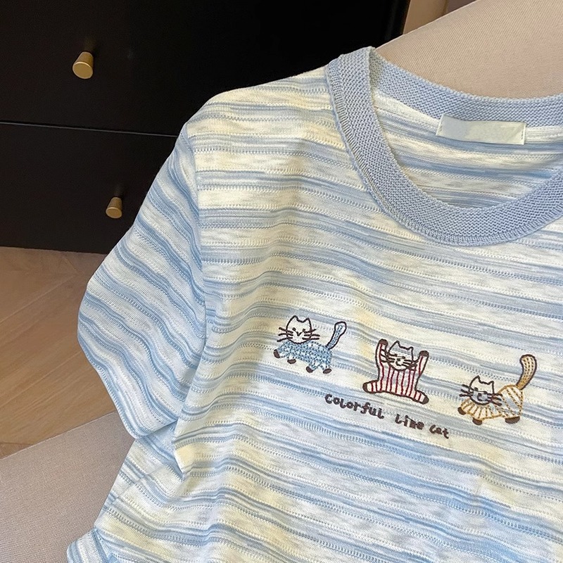 韓国スタイルのコントラストストライプ漫画刺繍半袖Tシャツ、女性用夏デザイン、年齢を軽減する、ゆったりとしたカジュアルで多用途なトップス|undefined