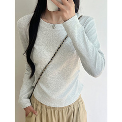K2102棉打皱打底衫女秋冬季新款内搭修身显瘦长袖上衣圆领正肩T恤