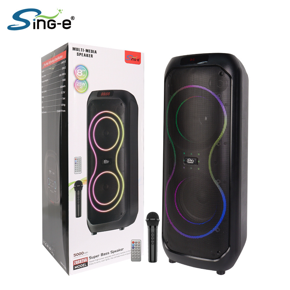 Sing-eZQS8255 doble 8 pulgadas luz RGB carga larga duración conveniente altavoz Bluetooth micrófono al aire libre