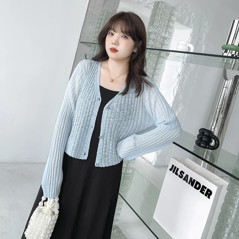 Cardigan, knitted thin summer jacket, plus size, V-neckline, fitted