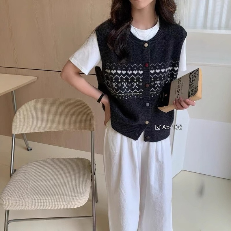 2025年春季新款复古提花针织马甲女装外搭叠穿无袖坎肩背心马夹上|undefined