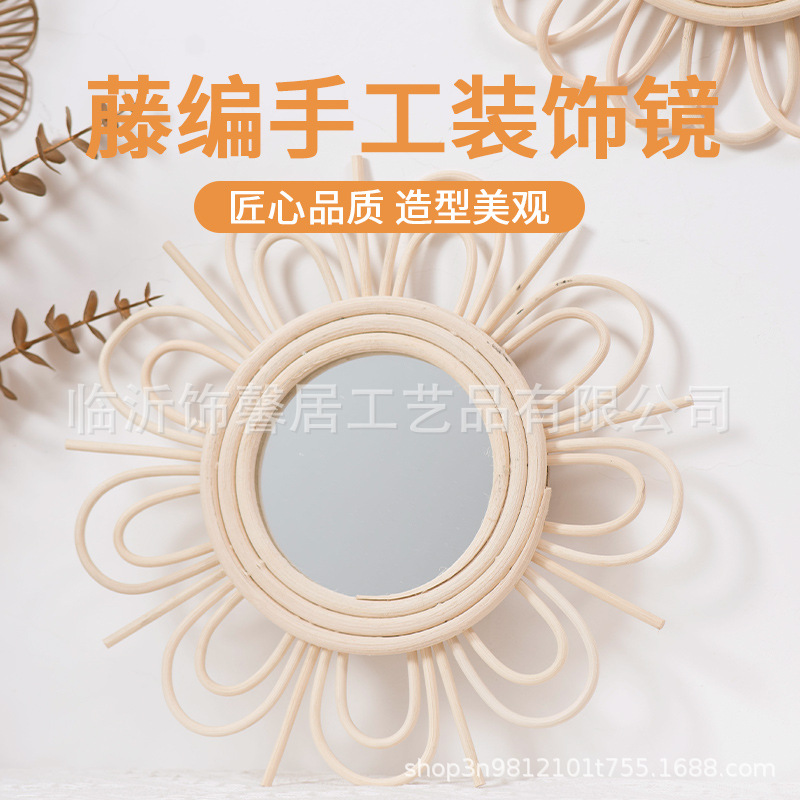 Espejo de ratán nórdico cama y desayuno pared colgante vestidor espejo tejido a mano fotografía arte tiro espejo decorativo