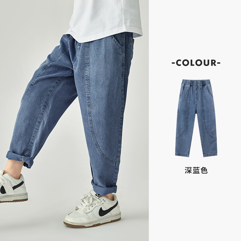 男の子用カジュアルパンツ、柔らかく通気性のある夏用クールテンセルイミテーションジーンズ、中型および大型の子供用滑らかで滑らかなストレートパンツ|undefined