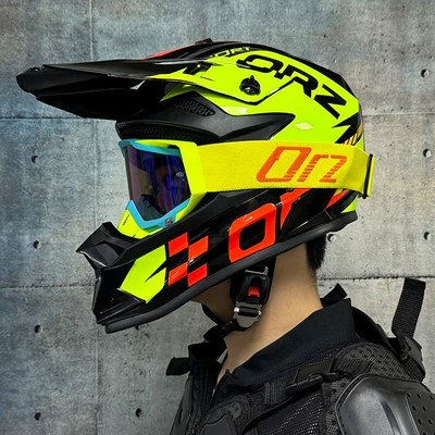 Helmet Motorcycle Helmet Full-Face Helmet for | Motosiklet kaskı (dəbilqə) - yellow-and-orange-track-with-orz-hulan-frame-goggles-and-gloves-and-mask-s
