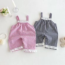 婴儿格子背带裤2025新款夏季宝宝洋气韩版休闲裤儿童夏装蕾丝裤子